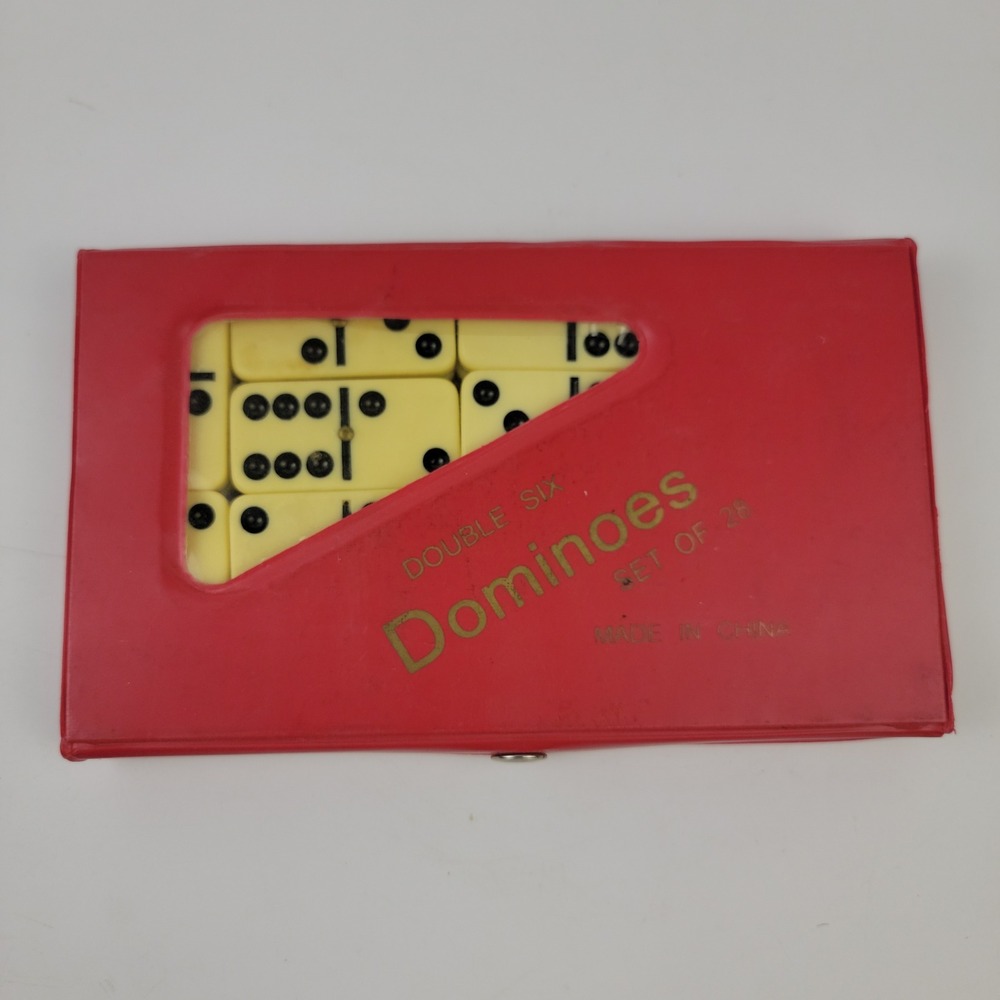 Double Six Dominoes 28 Piece Set with Red Vinyl Case and Brass Spinners